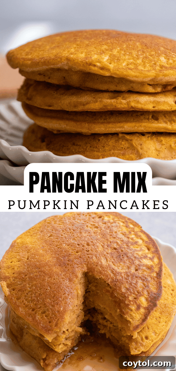 Pinterest graphic: Quick pumpkin pancakes using pancake mix – your go-to recipe for busy fall mornings.