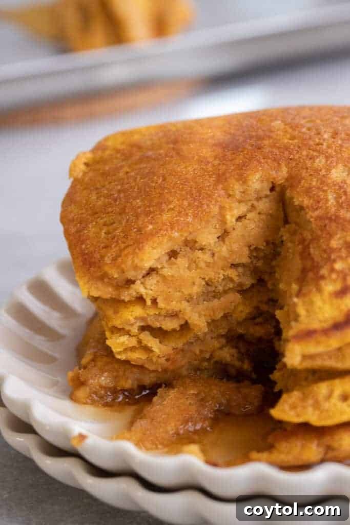 Stack of fluffy pumpkin pancakes made from mix, topped with whipped cream and a sprinkle of cinnamon, ready to be enjoyed for a fall breakfast.