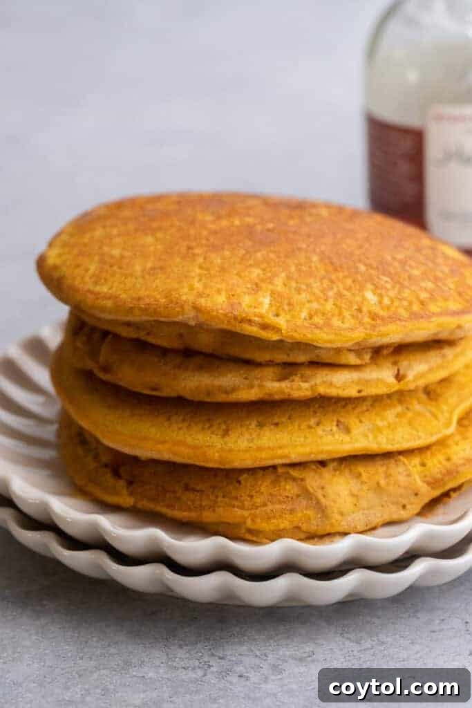 A stack of golden brown pumpkin pancakes with pancake mix, ready for toppings.