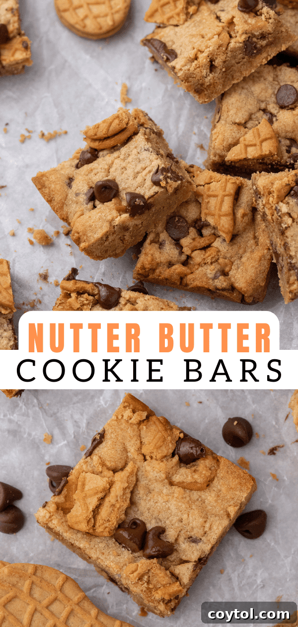 Peanut butter chocolate chip cookie bars with Nutter Butters. Pin for baking ideas!