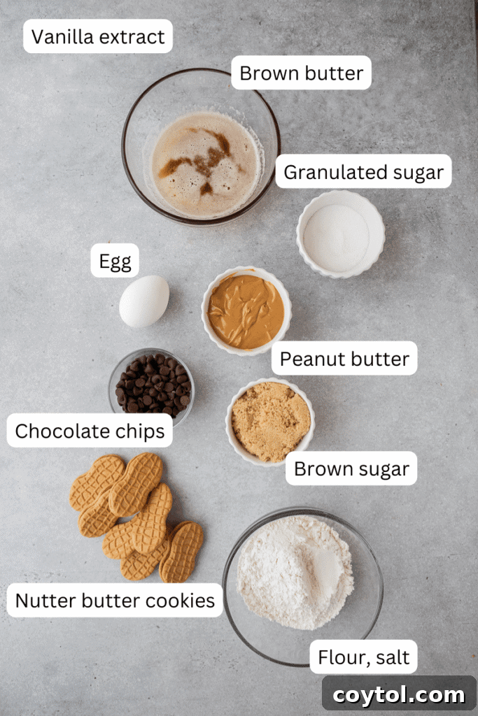Assorted baking ingredients like butter, sugars, peanut butter, and flour neatly arranged on a kitchen countertop.