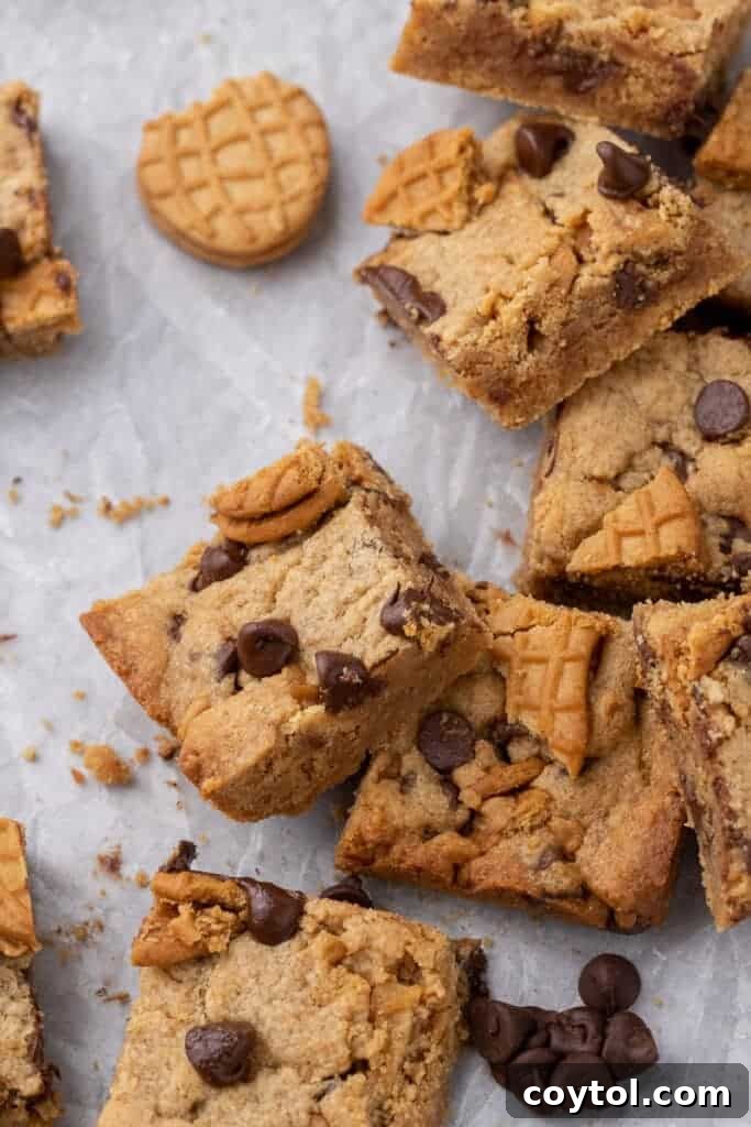 Freshly baked Nutter Butter chocolate chip bars, still warm in a baking pan, ready to be cooled.