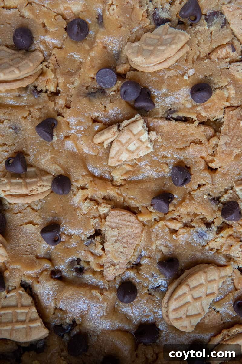 Cookie dough spread evenly in a parchment-lined baking pan, topped with extra cookies and chips.