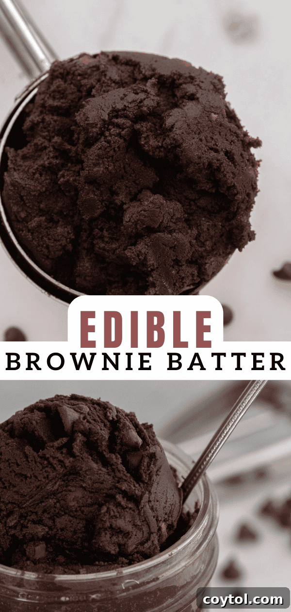 Edible brownie batter in a bowl, styled for Pinterest