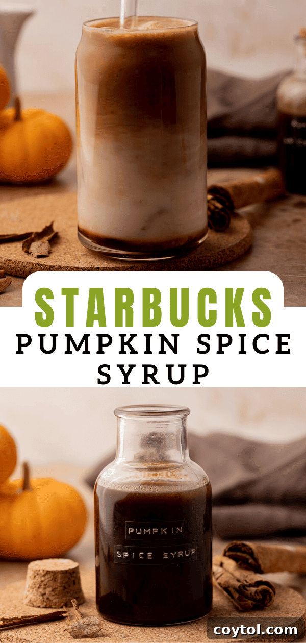 Pumpkin spice syrup bottle with fall leaves background