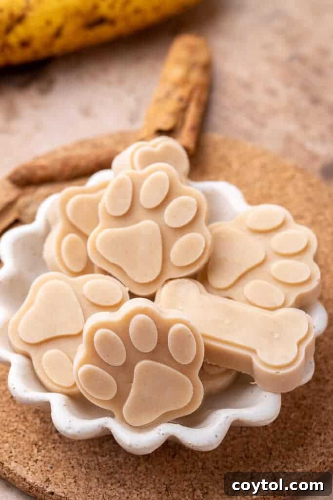 Peanut Butter Banana Pupsicles for Dogs 2 Frozen Peanut Butter Banana Dog Treats - a close-up of a small frozen treat in the shape of a paw
