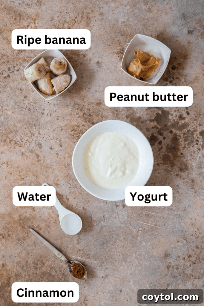 Peanut Butter Banana Pupsicles for Dogs 3 Fresh ingredients laid out on a kitchen counter for making homemade dog treats