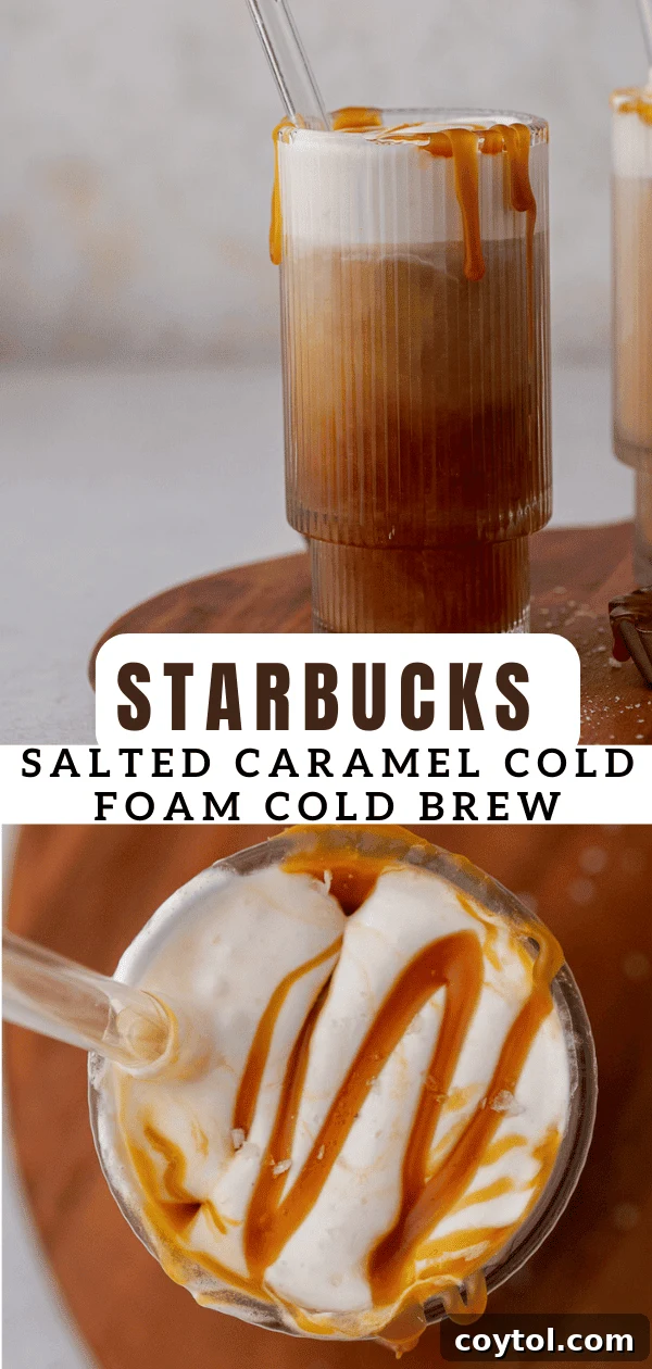 Craft Your Own Starbucks Salted Caramel Cold Foam Cold Brew 15 Vertical pin image for homemade salted caramel cold foam cold brew