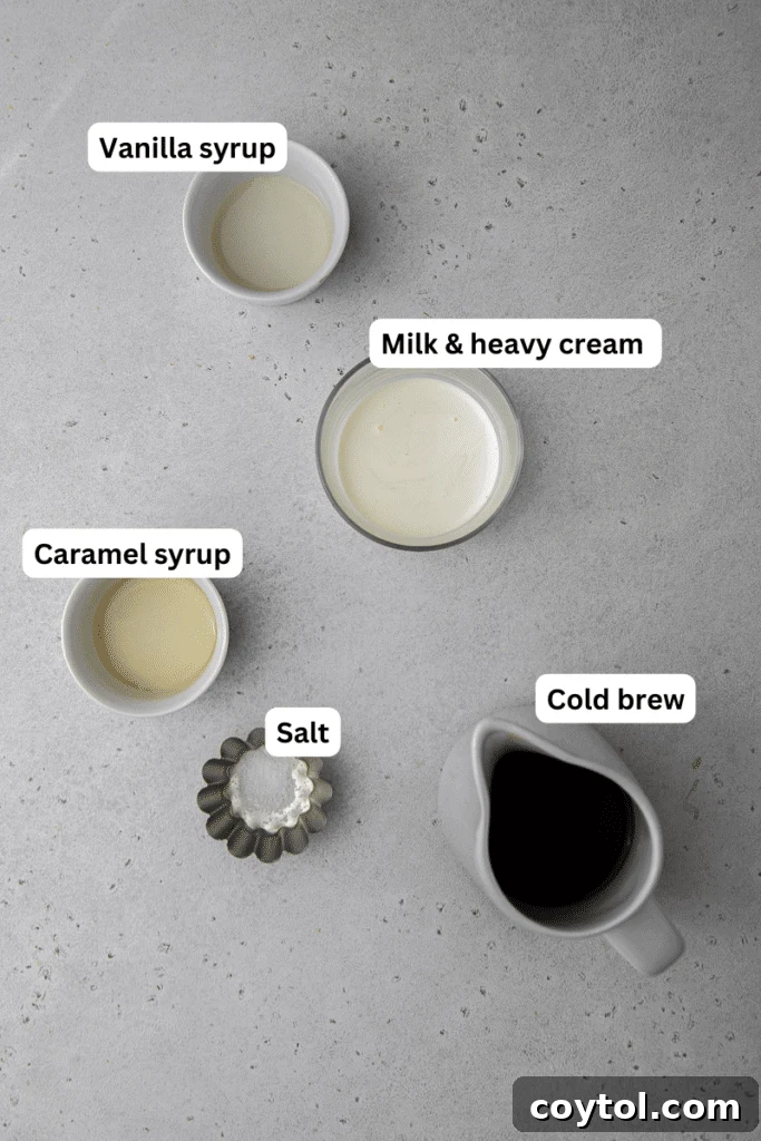 Craft Your Own Starbucks Salted Caramel Cold Foam Cold Brew 4 Ingredients for salted caramel cold foam cold brew laid out on a kitchen counter