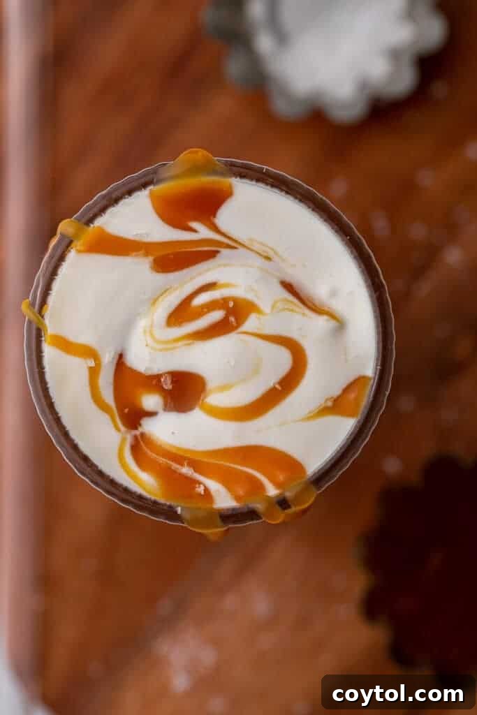 Craft Your Own Starbucks Salted Caramel Cold Foam Cold Brew 10 Overhead shot of creamy cold foam with beautiful caramel swirls