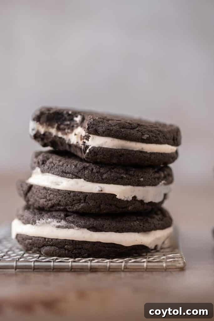 Crumbl's Mallow Oreo Dream Sandwich 4 Tower of Crumbl mallow Oreo cookies