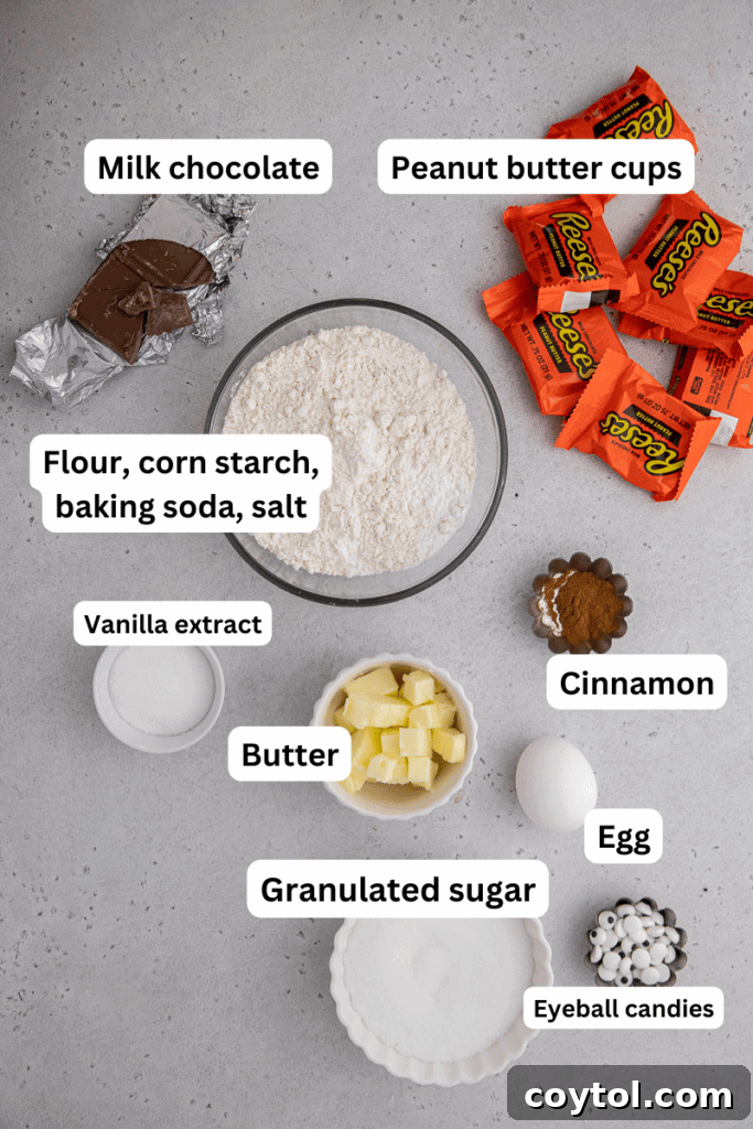 Ingredients for spider cookies, showcasing flour, butter, sugar, eggs, and cream of tartar, ready for baking spooky Halloween treats.