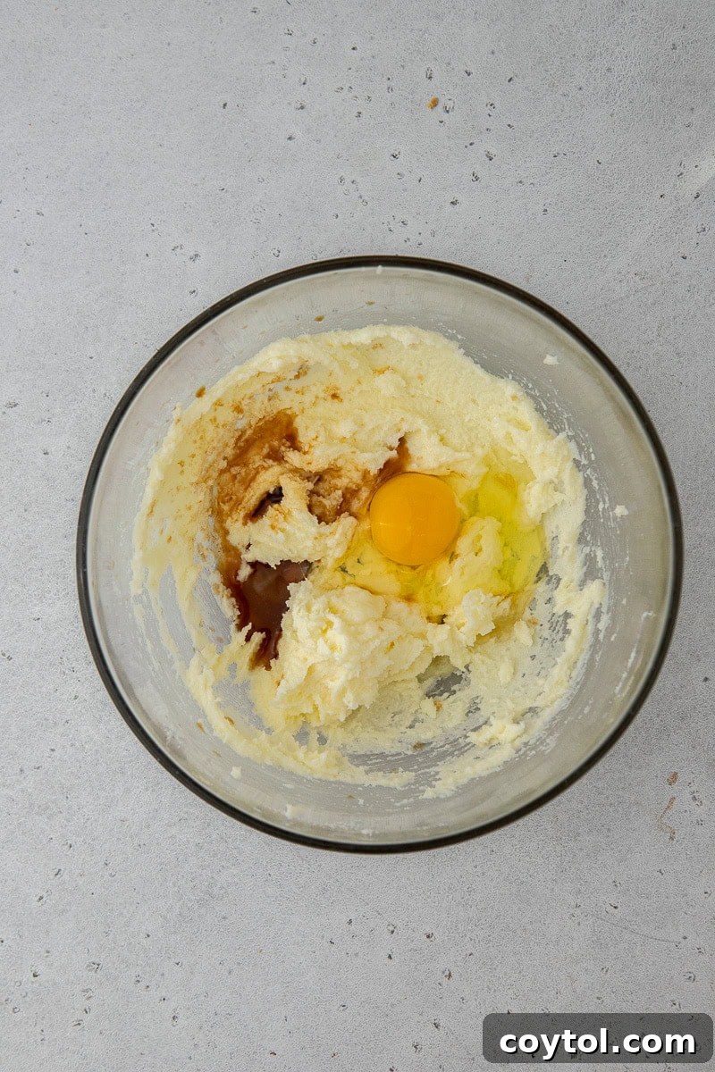 Wet ingredients in a bowl for snickerdoodle cookies, showing creamy butter, sugar, egg, and vanilla extract being mixed.