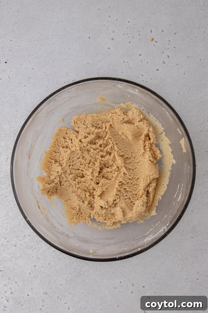 Cookie dough in a bowl, ready for shaping into snickerdoodle Halloween spider cookies.