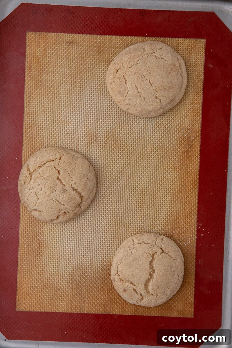 Cookies on baking sheet, freshly baked and cooling, ready for the Reese's peanut butter cup topping.