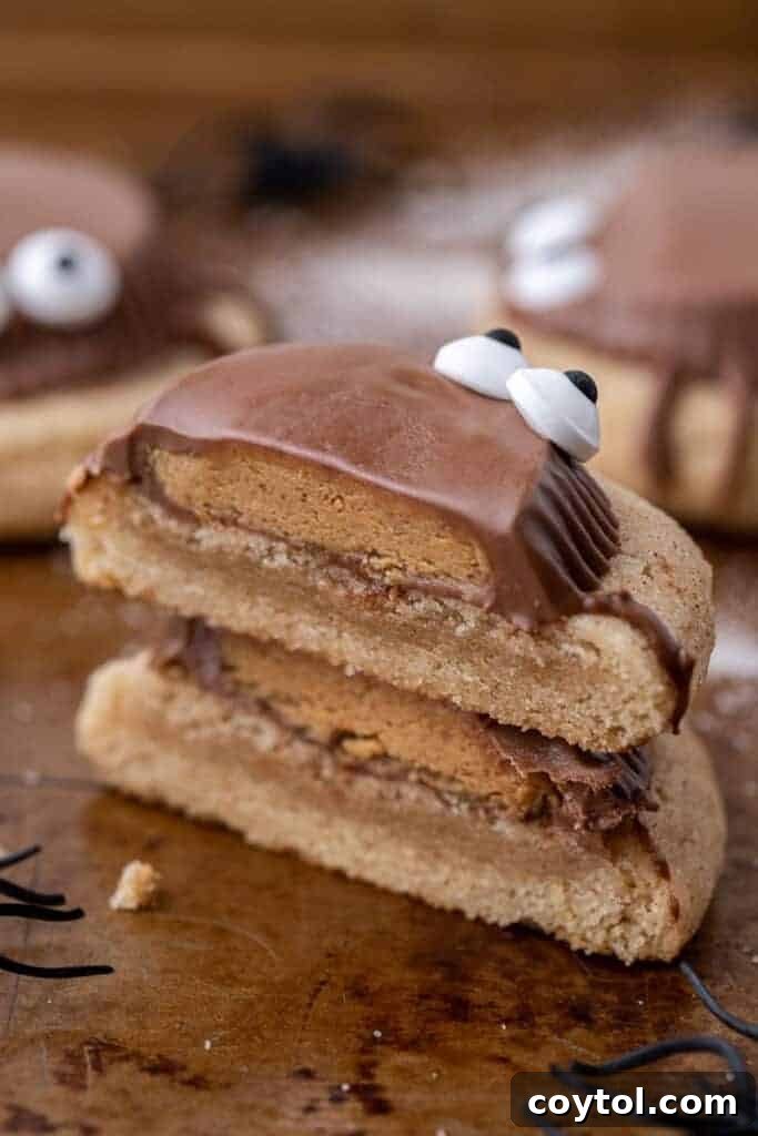 Spooky peanut butter cup cookies sliced in half and stacked, revealing the soft snickerdoodle base and peanut butter filling.