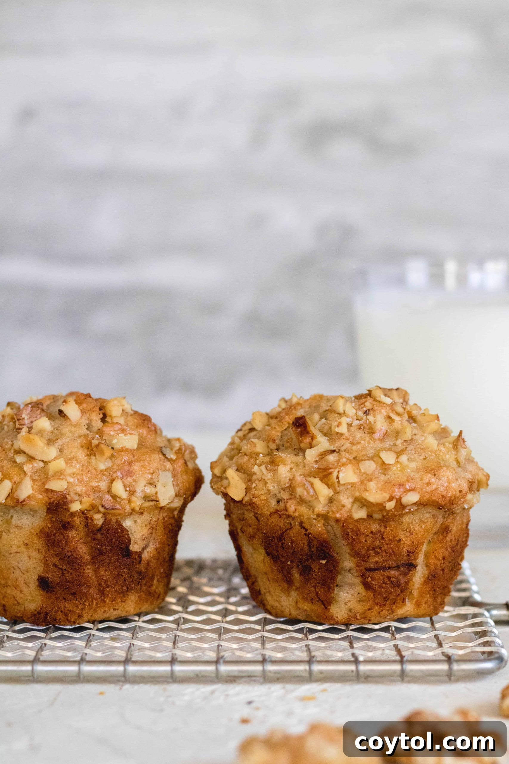 Easy walnut banana muffins, close-up shot of a baked muffin.