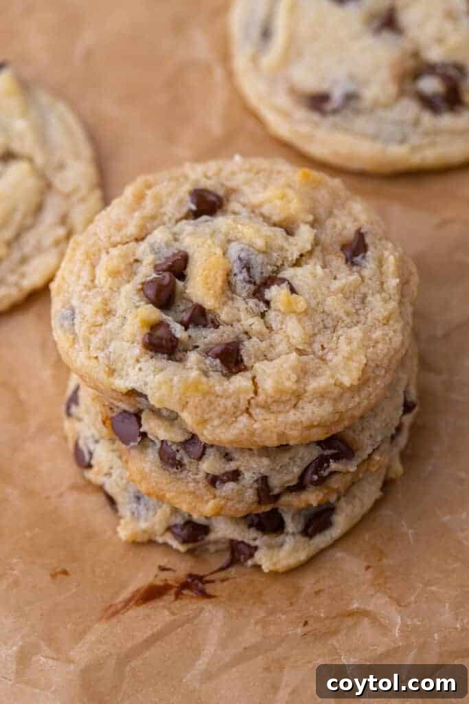 A stack of golden brown, chewy chocolate chip cookies made without eggs, ready to be enjoyed.