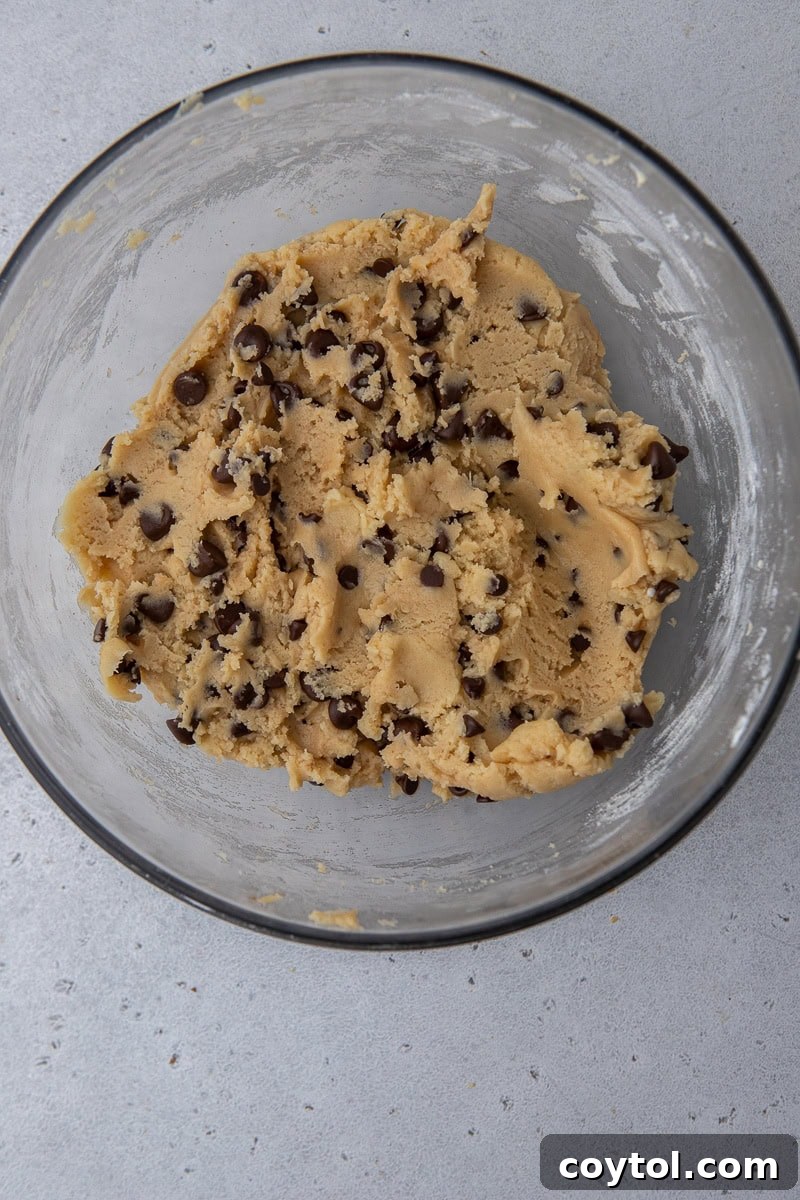 Eggless chocolate chip cookie dough in a bowl after all ingredients have been mixed.