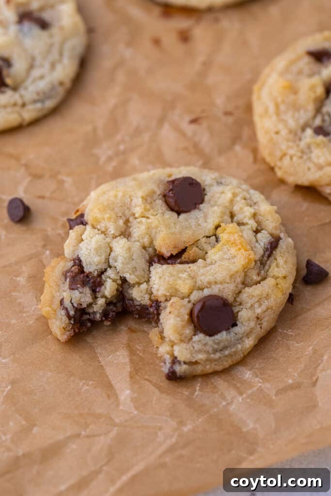 A freshly baked, no-egg chocolate chip cookie with a bite taken out of it, showing its soft interior.