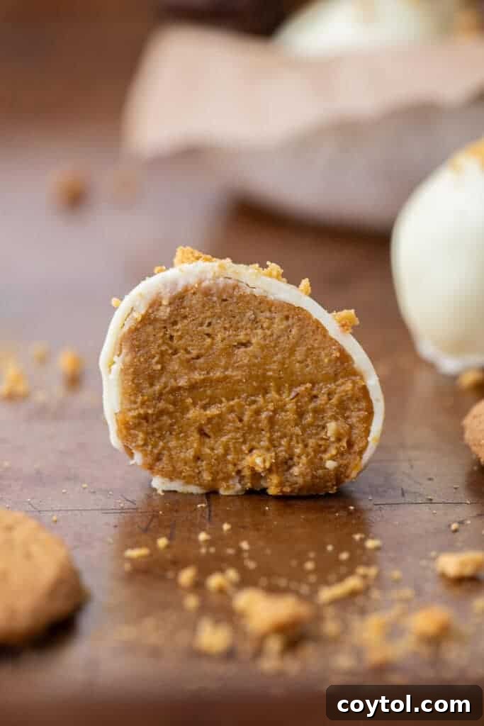 Pumpkin pie truffle cut in half, showing the cross-section of pumpkin filling and chocolate shell