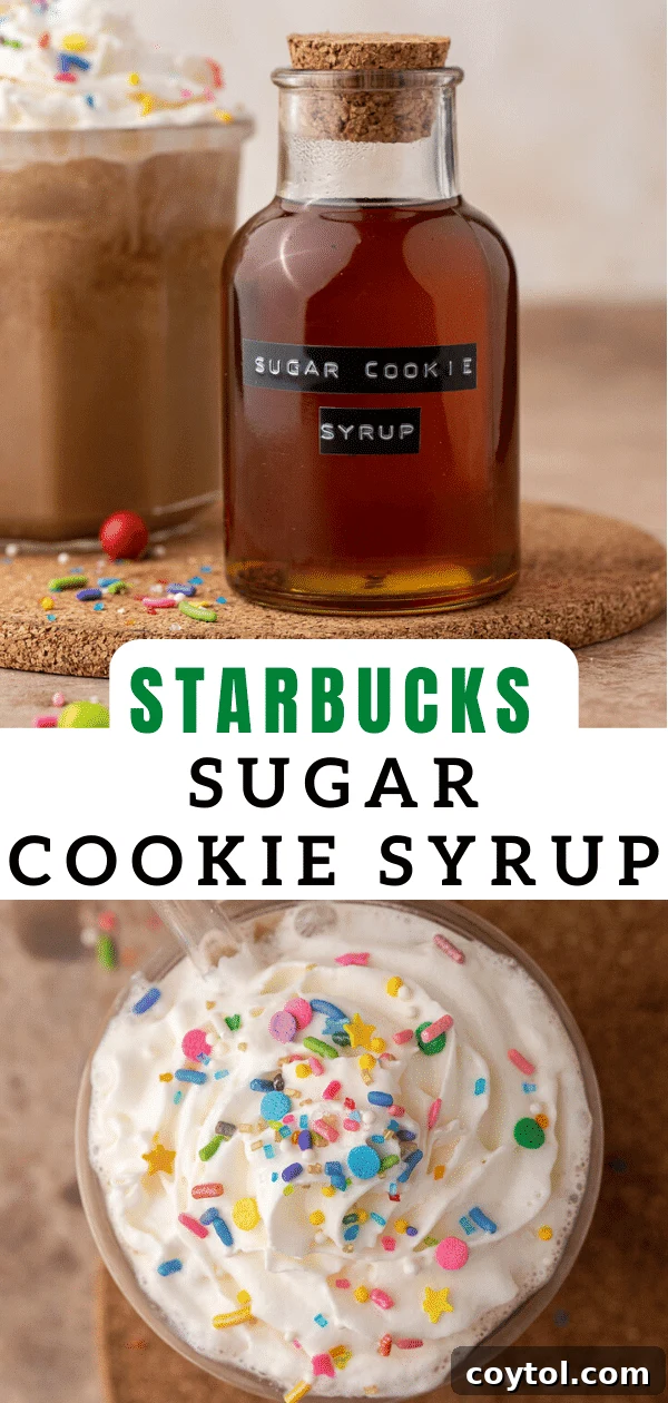 Pinterest pin graphic for Starbucks sugar cookie syrup, featuring a beautifully styled image of the syrup and text overlay for easy saving.