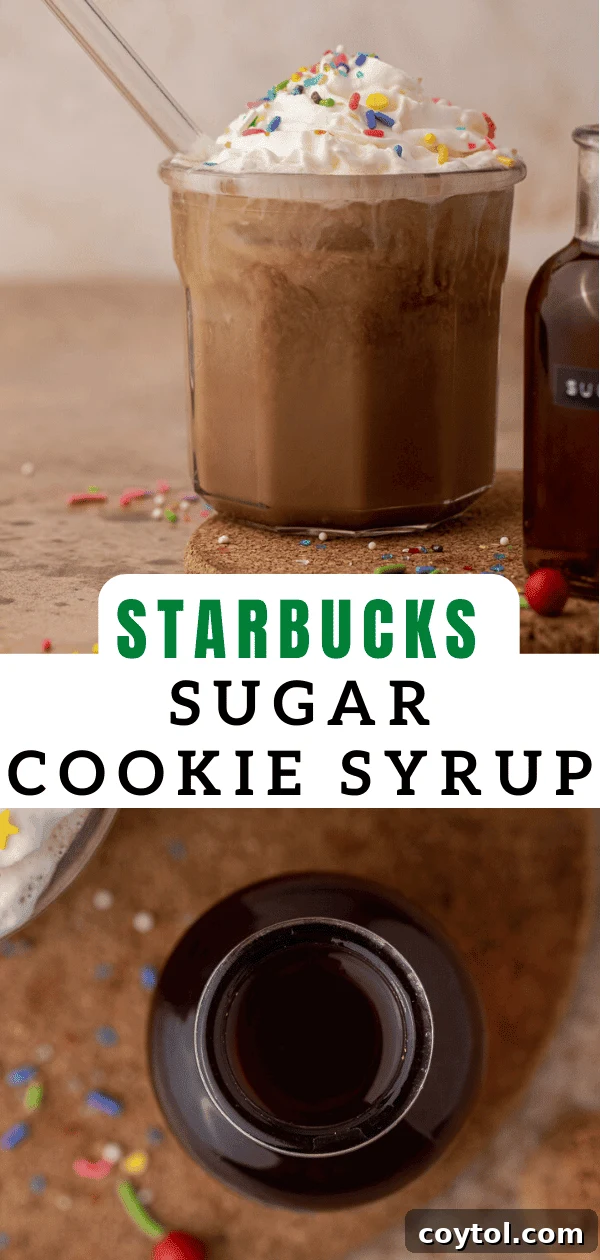 Another Pinterest-optimized image for the homemade sugar cookie syrup, showcasing its versatility in a drink, with clear recipe title.