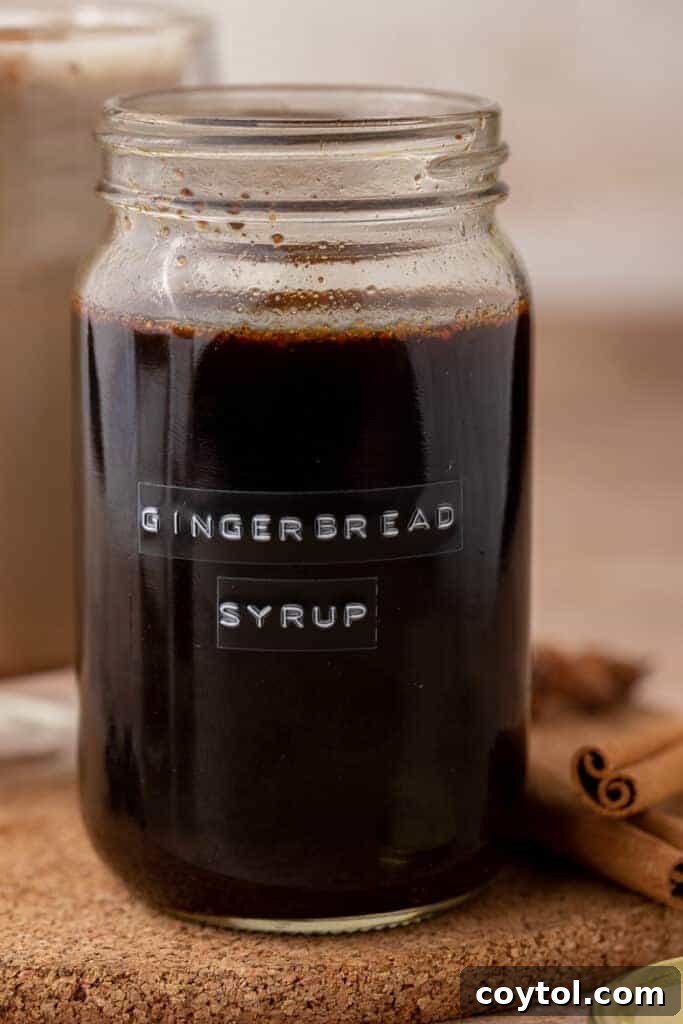 Jar of homemade gingerbread syrup labeled “gingerbread syrup,” showing the dark, glossy texture.
