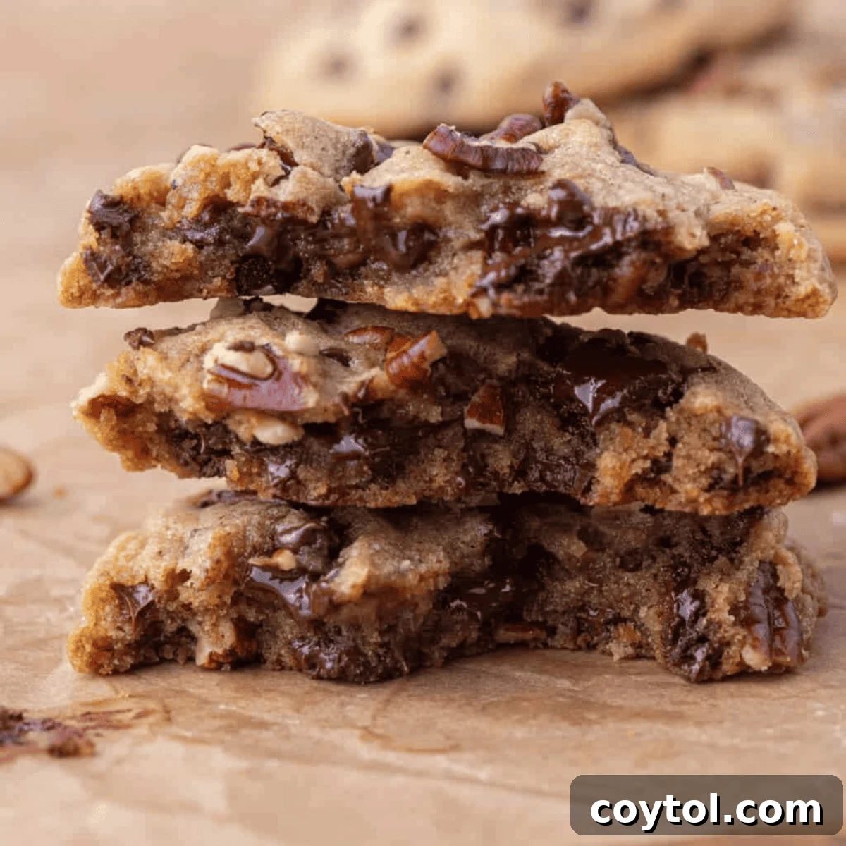 A stack of golden-brown butter pecan chocolate chip cookies, one broken in half to reveal gooey melted chocolate chips and toasted pecan pieces, all resting on parchment paper.