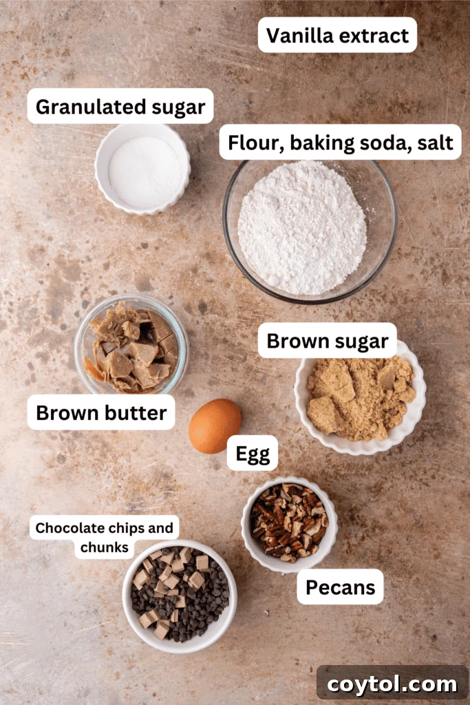 An overhead shot showcasing all the essential ingredients meticulously laid out for making brown butter pecan chocolate chip cookies, including flour, various sugars, browned butter in a bowl, a generous pile of chocolate chips, and perfectly toasted pecan halves.