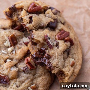 A perfectly baked brown butter pecan chocolate chip cookie, expertly broken in half to showcase its irresistible soft, chewy center filled with melted chocolate and crunchy pecan pieces.