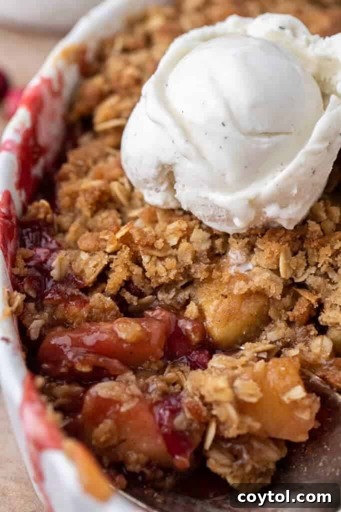 A freshly baked cranberry apple crisp, golden and bubbling, served in a rustic baking dish, ready for serving.