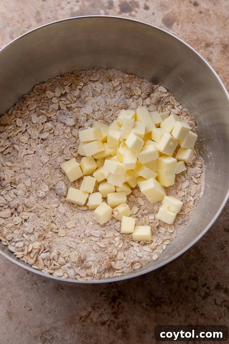 Cold butter being cut into the dry ingredients for a crumbly streusel topping using a pastry blender.