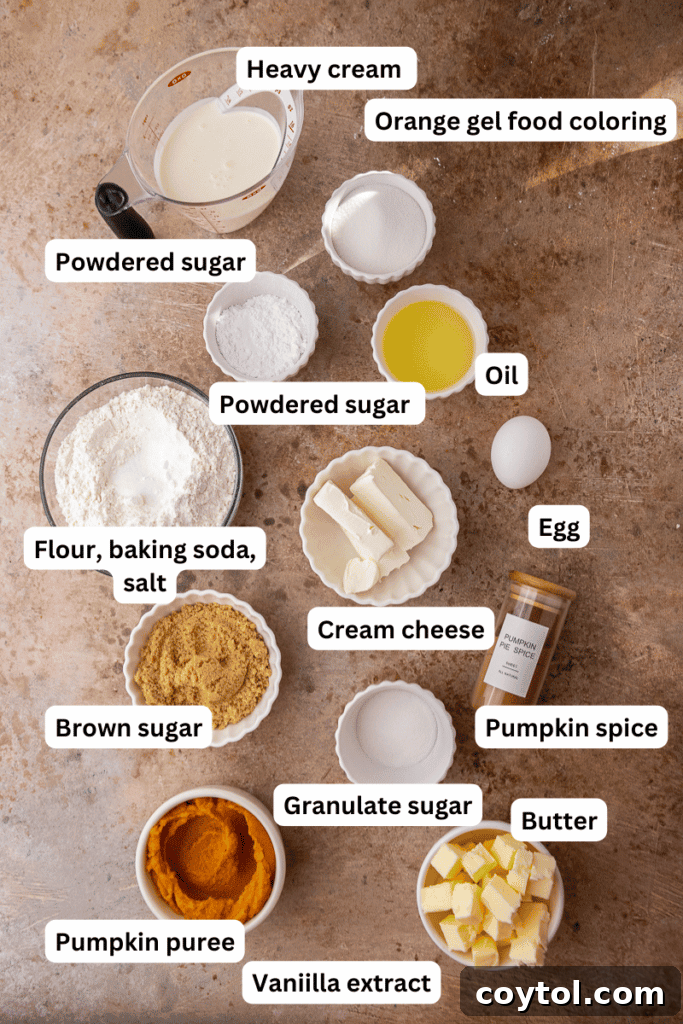 Crumbl's Divine Pumpkin Pie Cookies 3 Various baking ingredients laid out on a kitchen counter, including butter, eggs, flour, and pumpkin puree, ready for mixing.