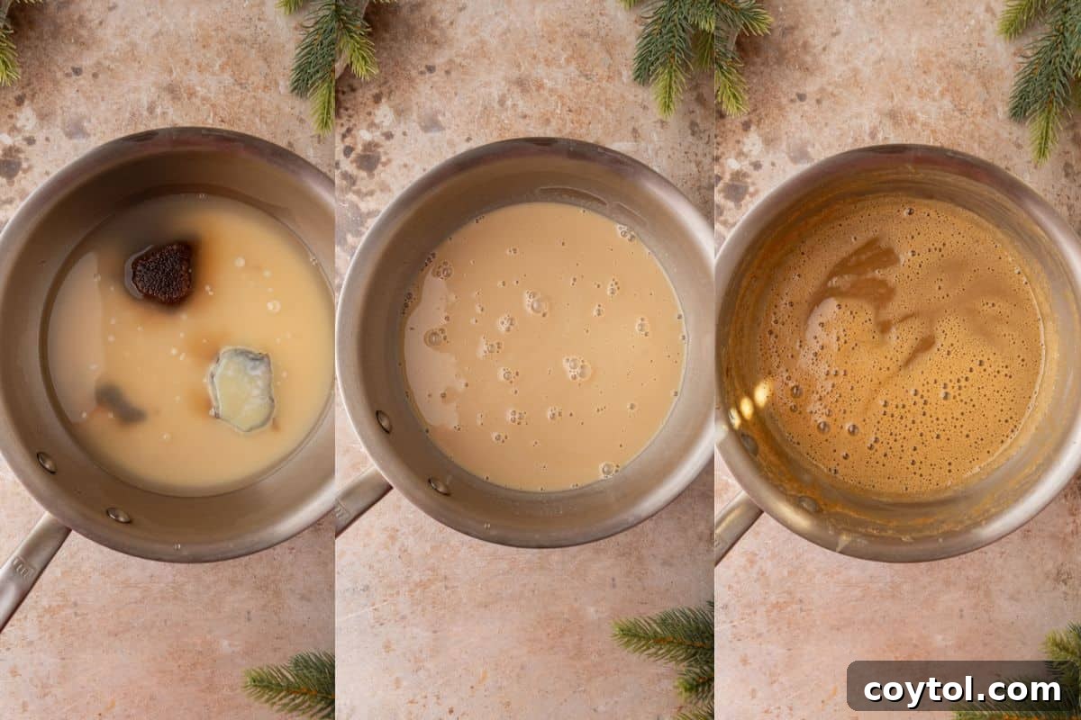Step-by-step process of making Sauce, mixture melting, simmering, and thickened caramel in saucepan