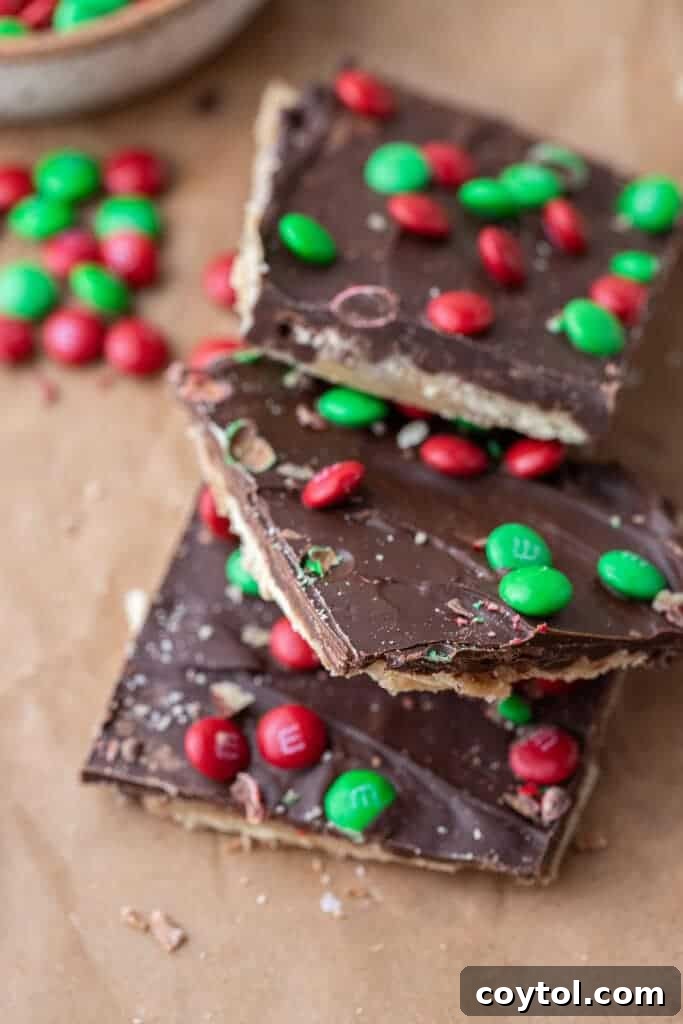 A festive platter of Christmas saltine cracker toffee, ready for serving.