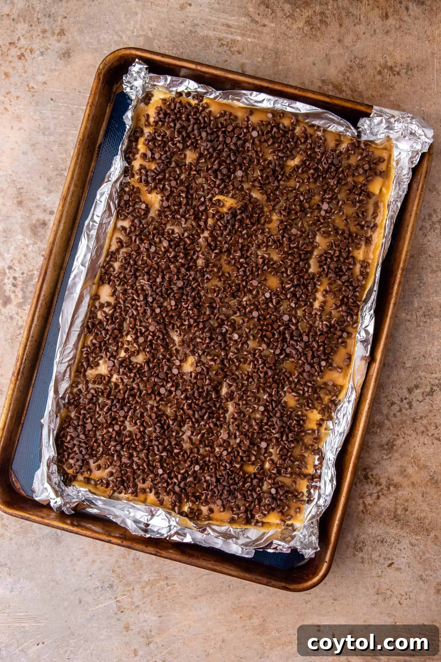 Chocolate chips generously sprinkled over the hot toffee-covered saltine crackers.
