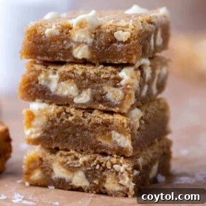 Stack of brown butter white chocolate blondies