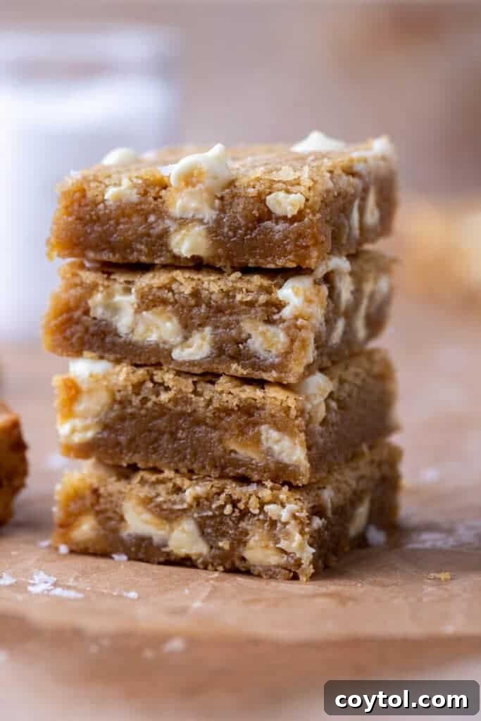 Stack of brown butter white chocolate blondies