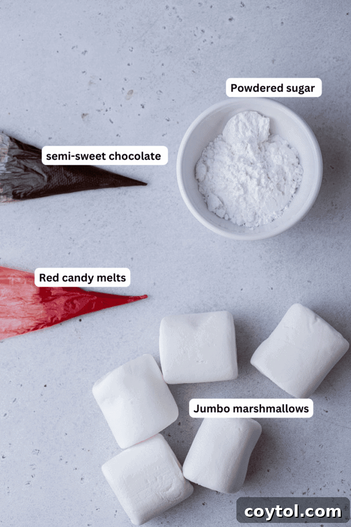 Ingredients for Reindeer Marshmallow Hot Cocoa Toppers laid out on a kitchen counter
