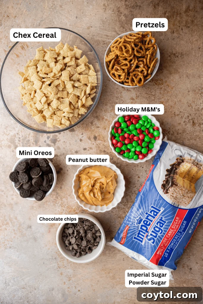 Ingredients for Christmas muddy buddies recipe laid out on counter