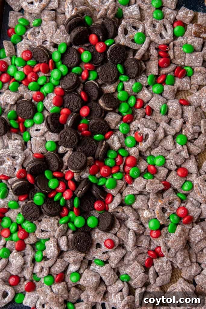 Chocolate-coated cereal tossed with powdered sugar in a resealable bag to evenly coat the snack mix.