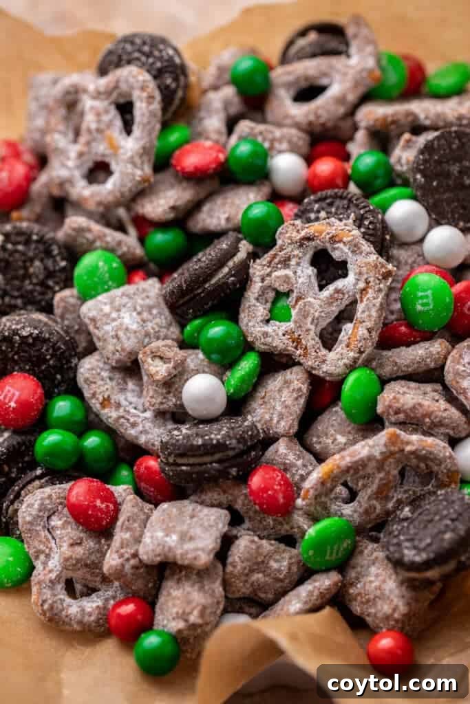 Close-up of Christmas muddy buddies snack mix