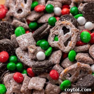 Close-up of Christmas muddy buddies snack mix