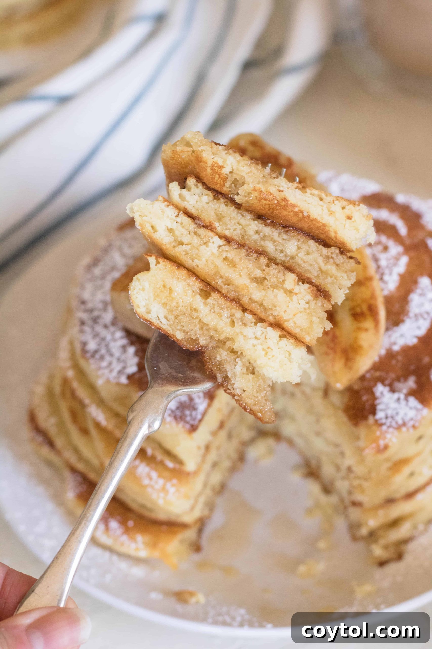 Fork full of boxed pancakes to show texture
