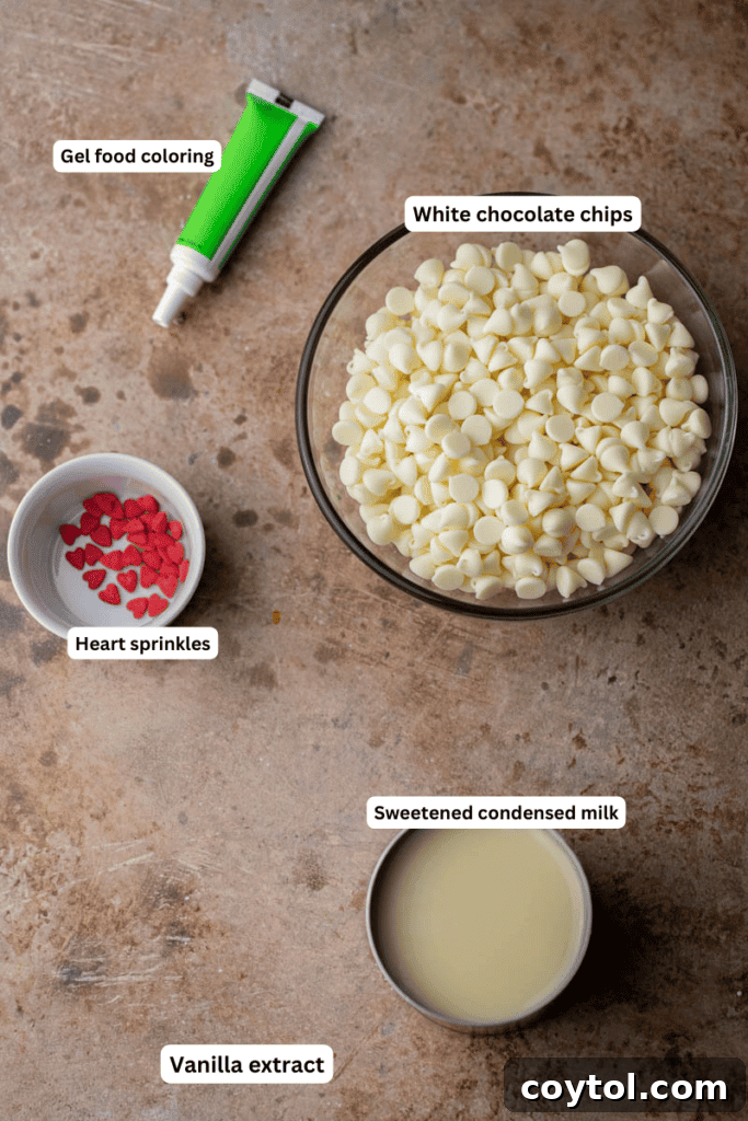Ingredients for Grinch fudge laid out on a kitchen counter