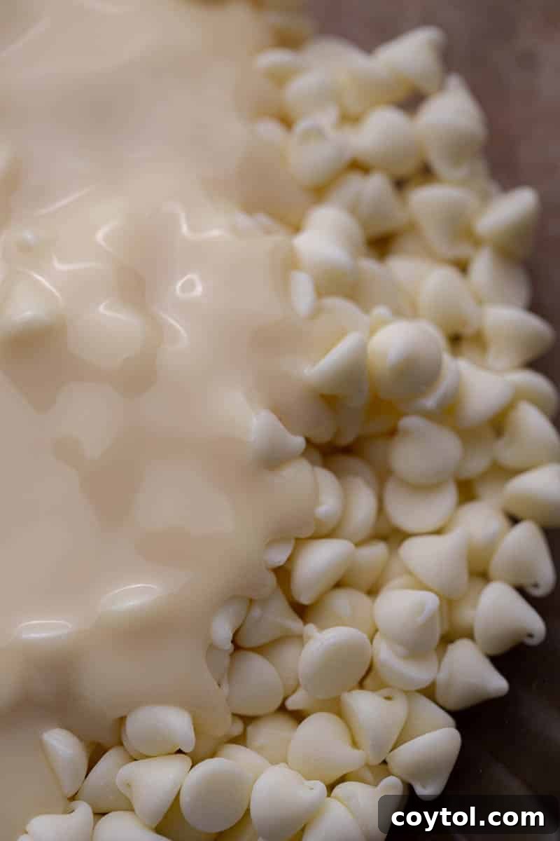 White chocolate chips and sweetened condensed milk in a bowl before melting