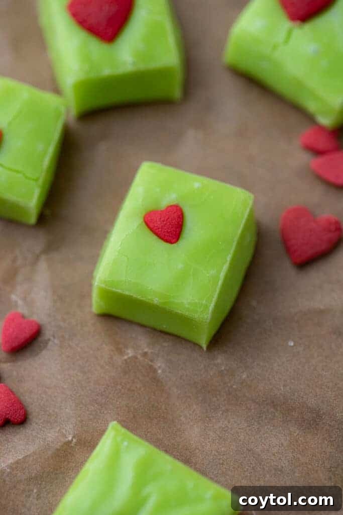 Close-up of a festive Grinch fudge recipe square