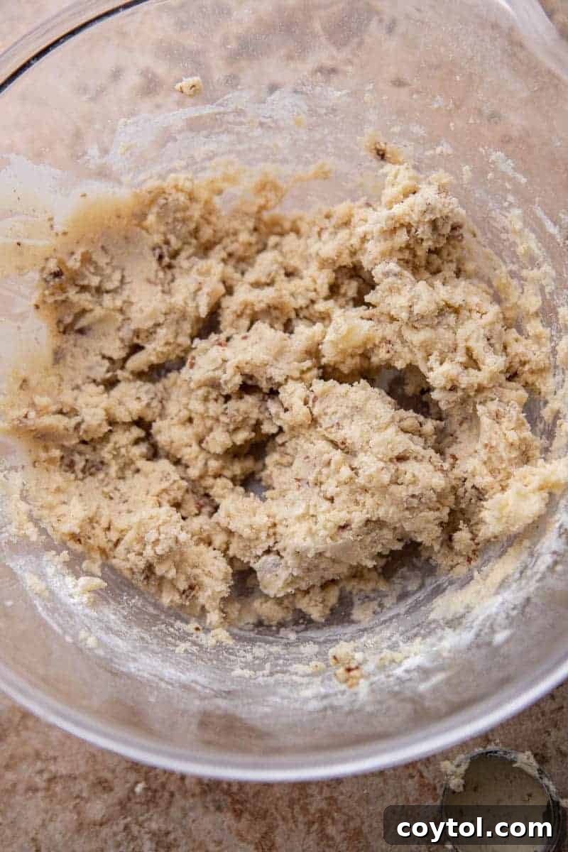 Pecan cookie dough in a bowl