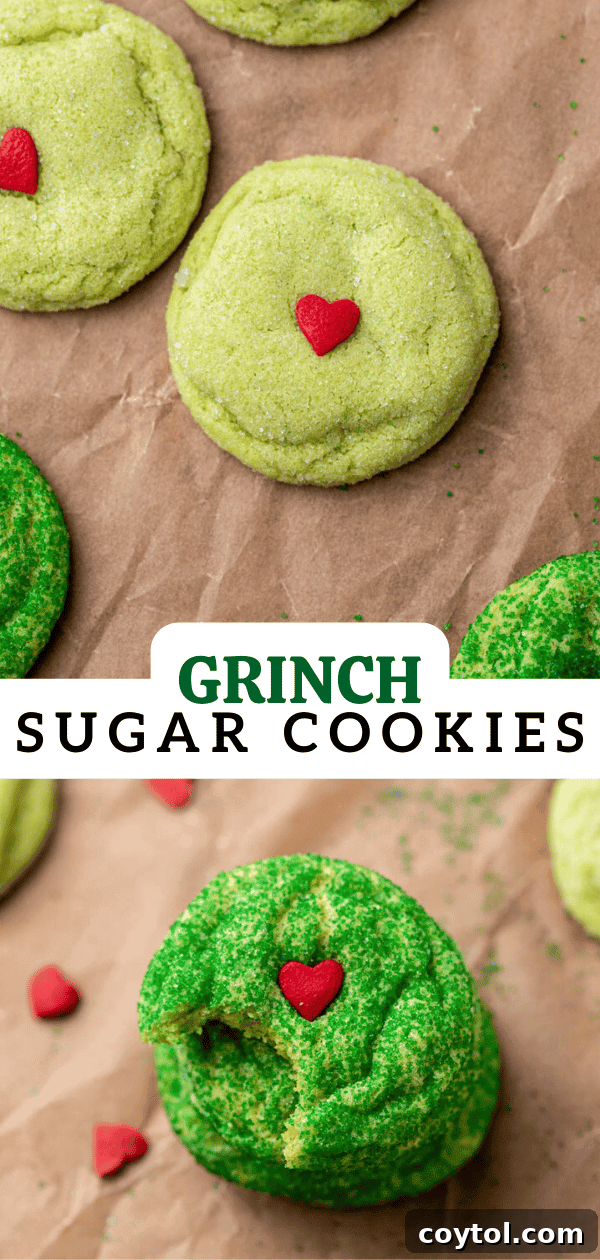 Grinch sugar cookies arranged creatively, perfect for a Pinterest pin, showcasing their festive appeal.